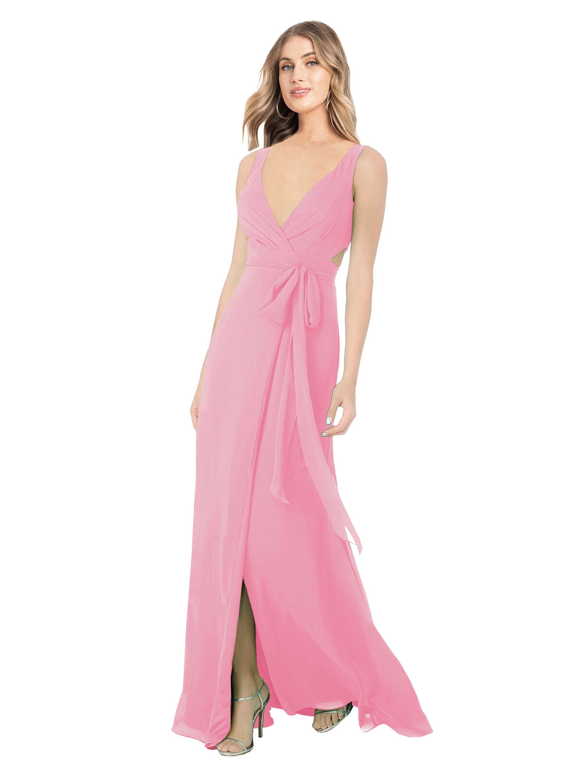 Hot Pink A-Line V-Neck Sleeveless Long Bridesmaid Dress Petra