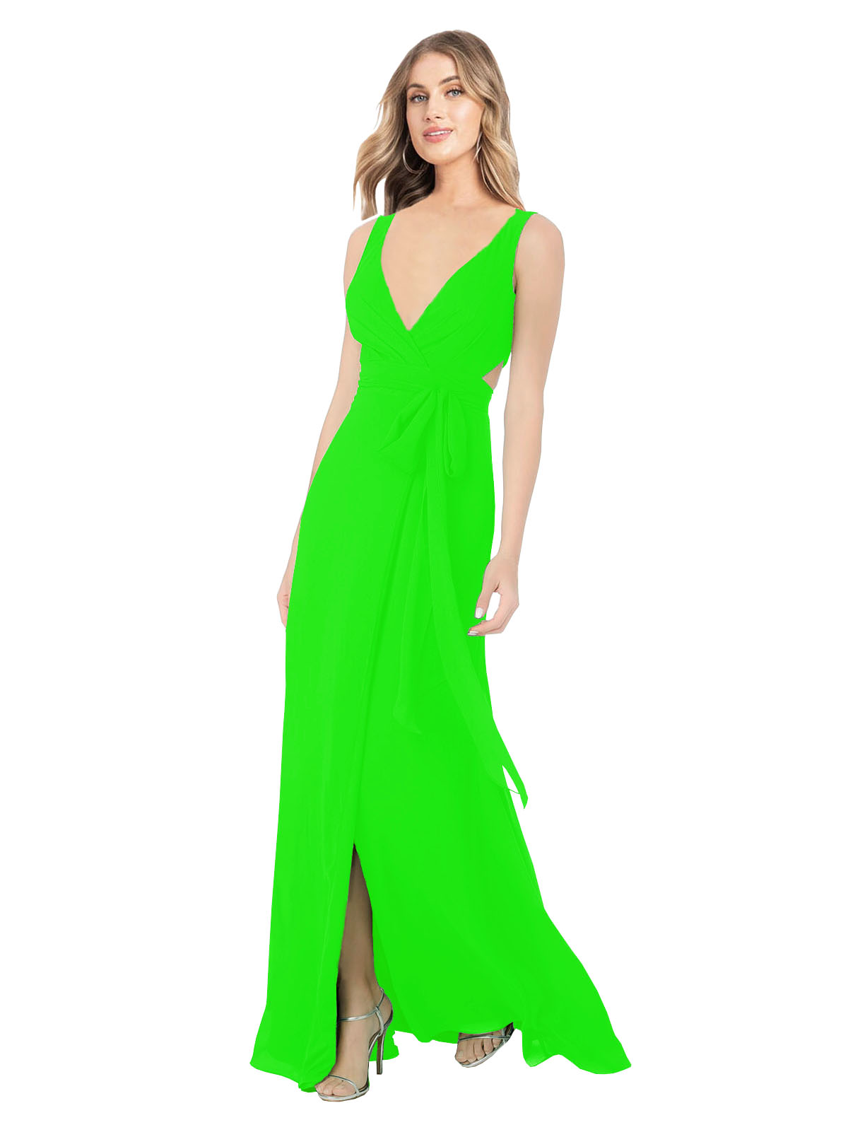 Lime Green A-Line V-Neck Sleeveless Long Bridesmaid Dress Petra