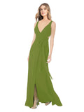 Olive Green A-Line V-Neck Sleeveless Long Bridesmaid Dress Petra