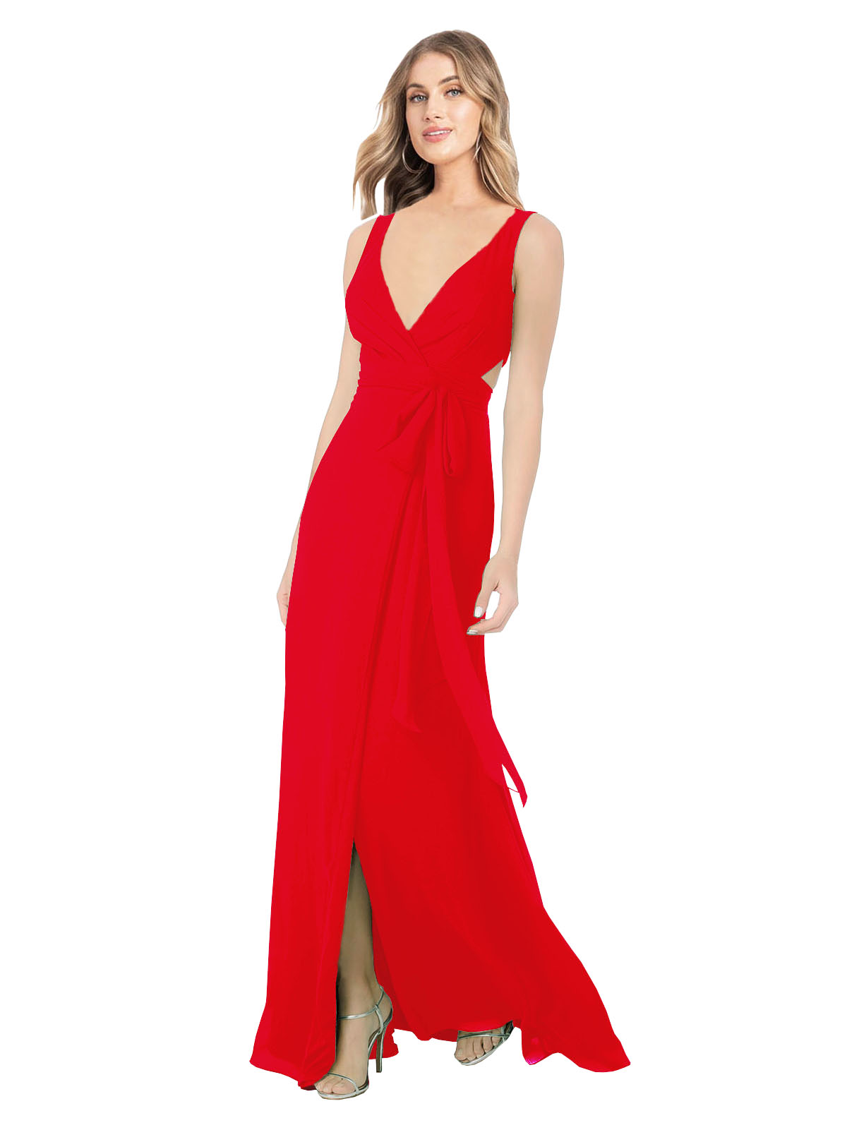 Red A-Line V-Neck Sleeveless Long Bridesmaid Dress Petra