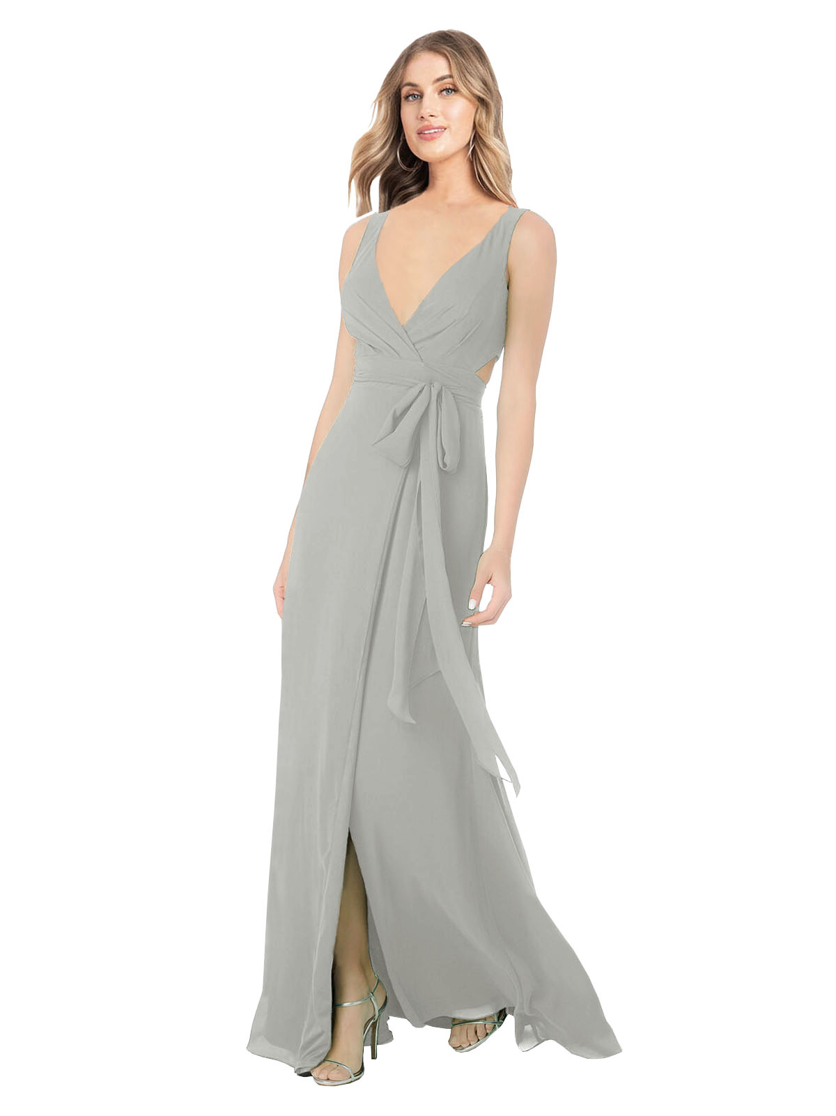 Silver A-Line V-Neck Sleeveless Long Bridesmaid Dress Petra