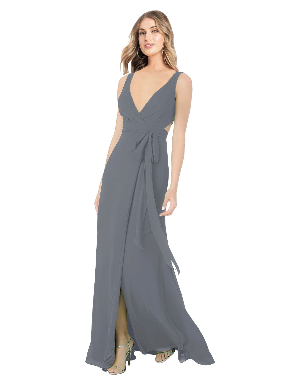 Slate Grey A-Line V-Neck Sleeveless Long Bridesmaid Dress Petra