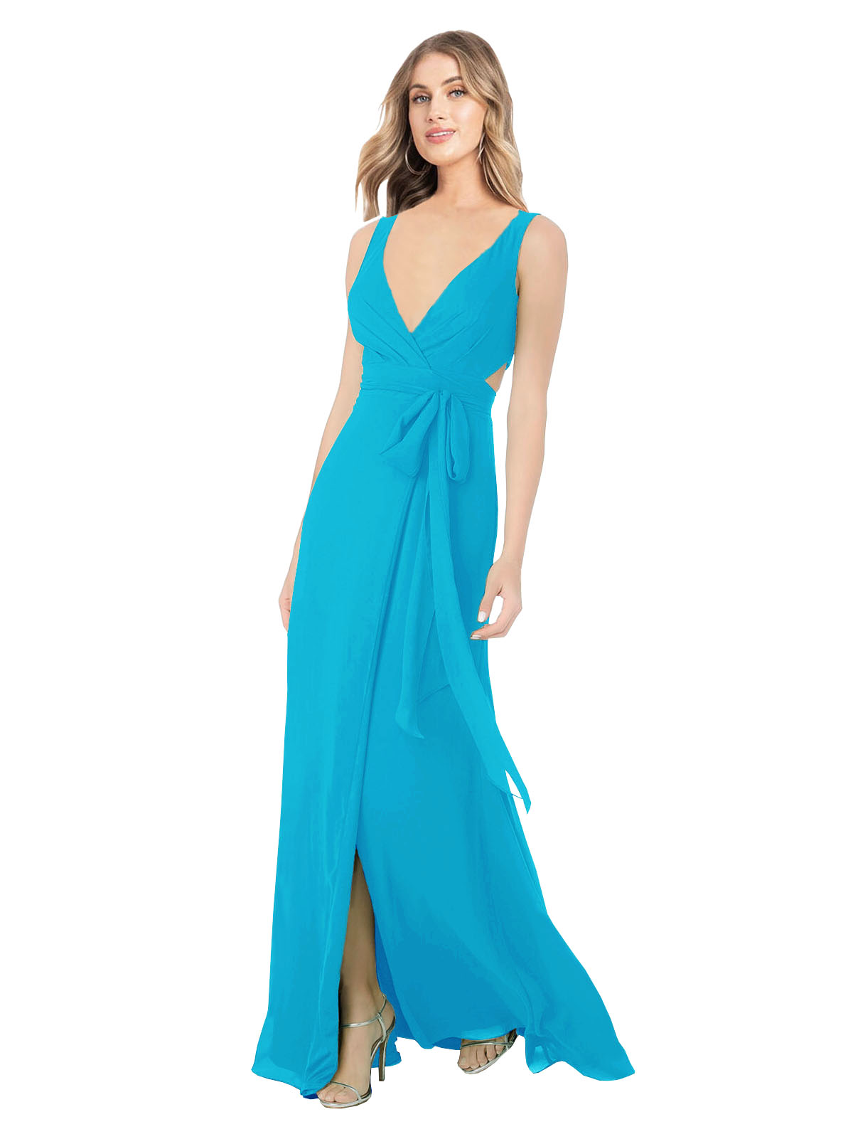 Turquoise A-Line V-Neck Sleeveless Long Bridesmaid Dress Petra