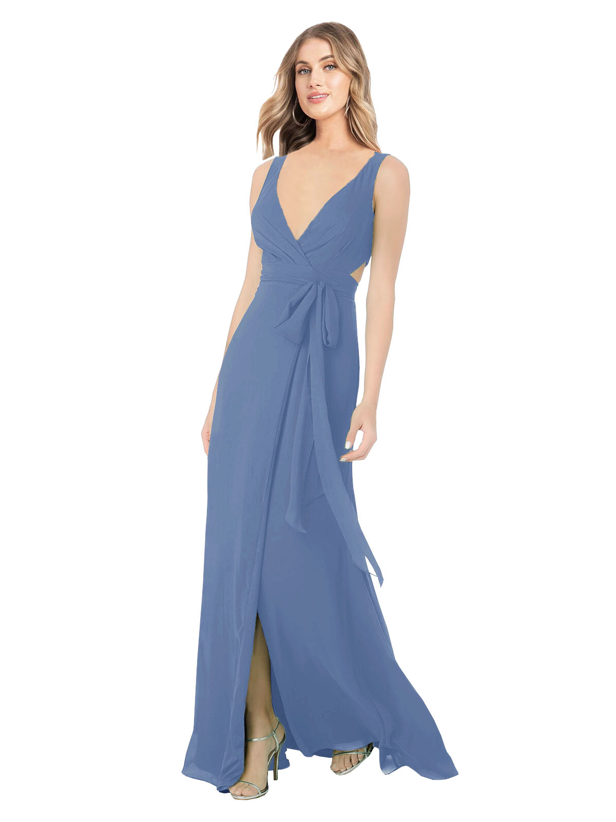 Windsor Blue A-Line V-Neck Sleeveless Long Bridesmaid Dress Petra