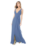Windsor Blue A-Line V-Neck Sleeveless Long Bridesmaid Dress Petra