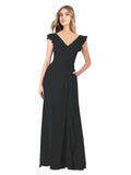 Black A-Line V-Neck Cap Sleeves Long Bridesmaid Dress Taryn
