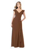 Brown A-Line V-Neck Cap Sleeves Long Bridesmaid Dress Taryn