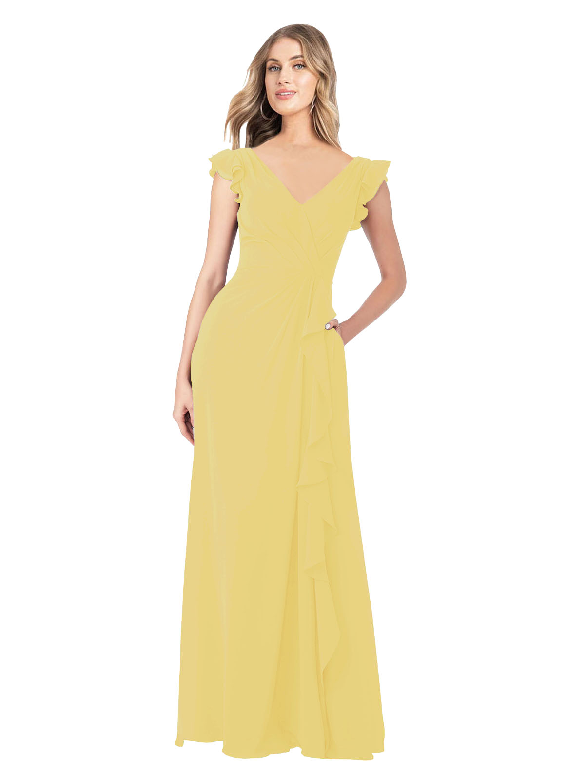 Daffodil A-Line V-Neck Cap Sleeves Long Bridesmaid Dress Taryn
