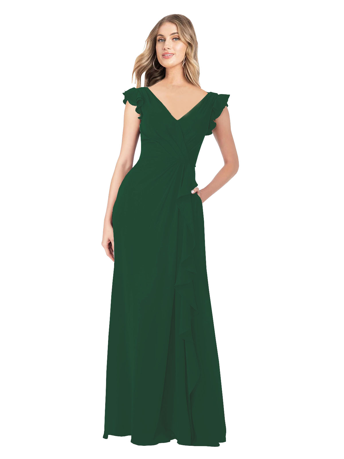Dark Green A-Line V-Neck Cap Sleeves Long Bridesmaid Dress Taryn