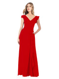 Dark Red A-Line V-Neck Cap Sleeves Long Bridesmaid Dress Taryn