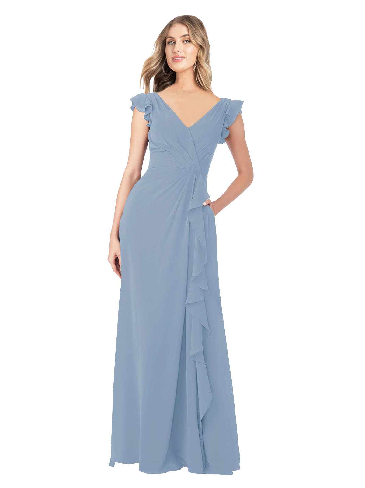Dusty Blue A-Line V-Neck Cap Sleeves Long Bridesmaid Dress Taryn