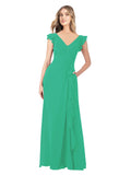 Emerald Green A-Line V-Neck Cap Sleeves Long Bridesmaid Dress Taryn
