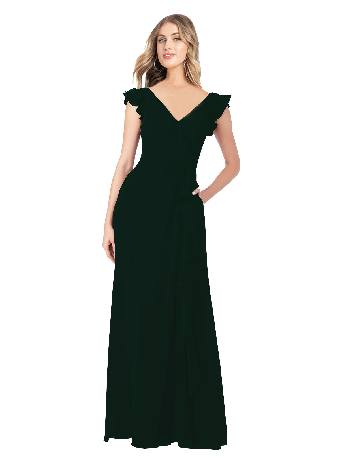 Ever Green A-Line V-Neck Cap Sleeves Long Bridesmaid Dress Taryn