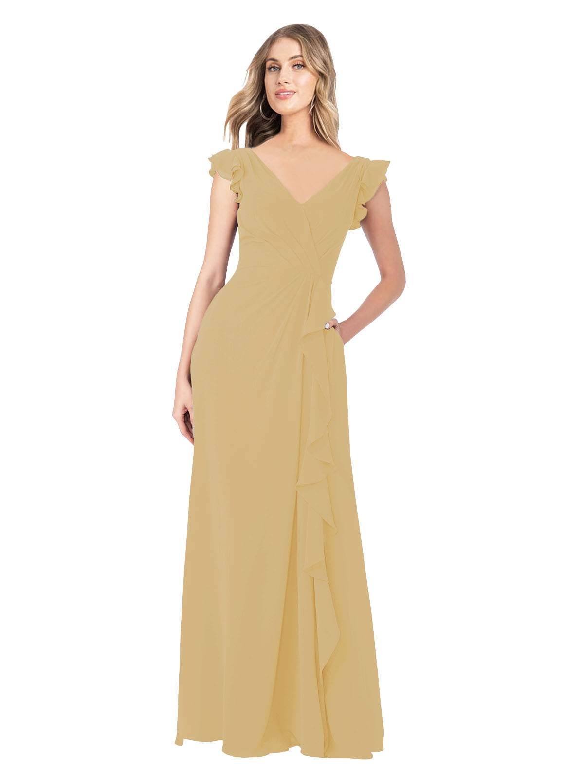 Gold A-Line V-Neck Cap Sleeves Long Bridesmaid Dress Taryn
