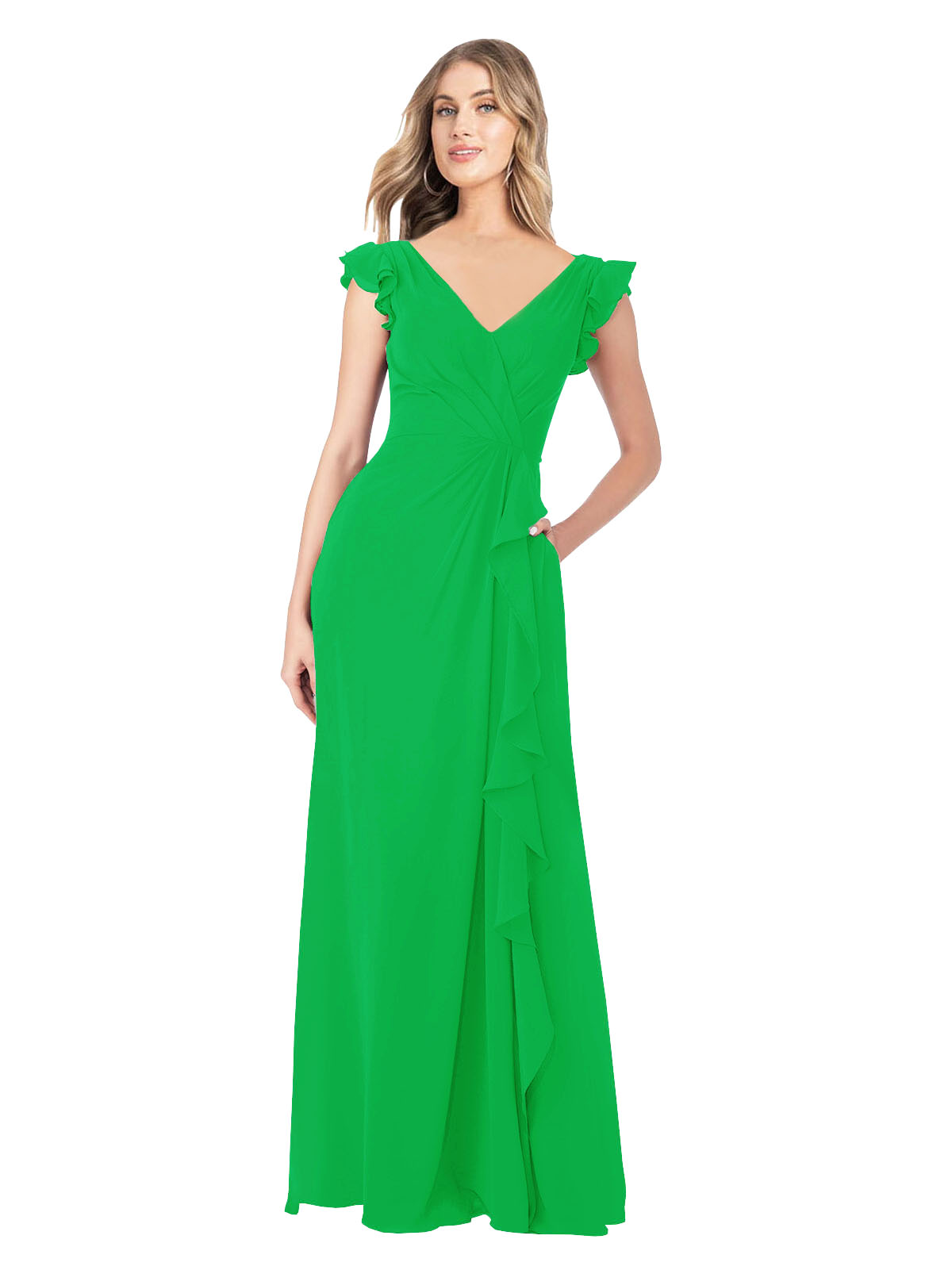 Green A-Line V-Neck Cap Sleeves Long Bridesmaid Dress Taryn