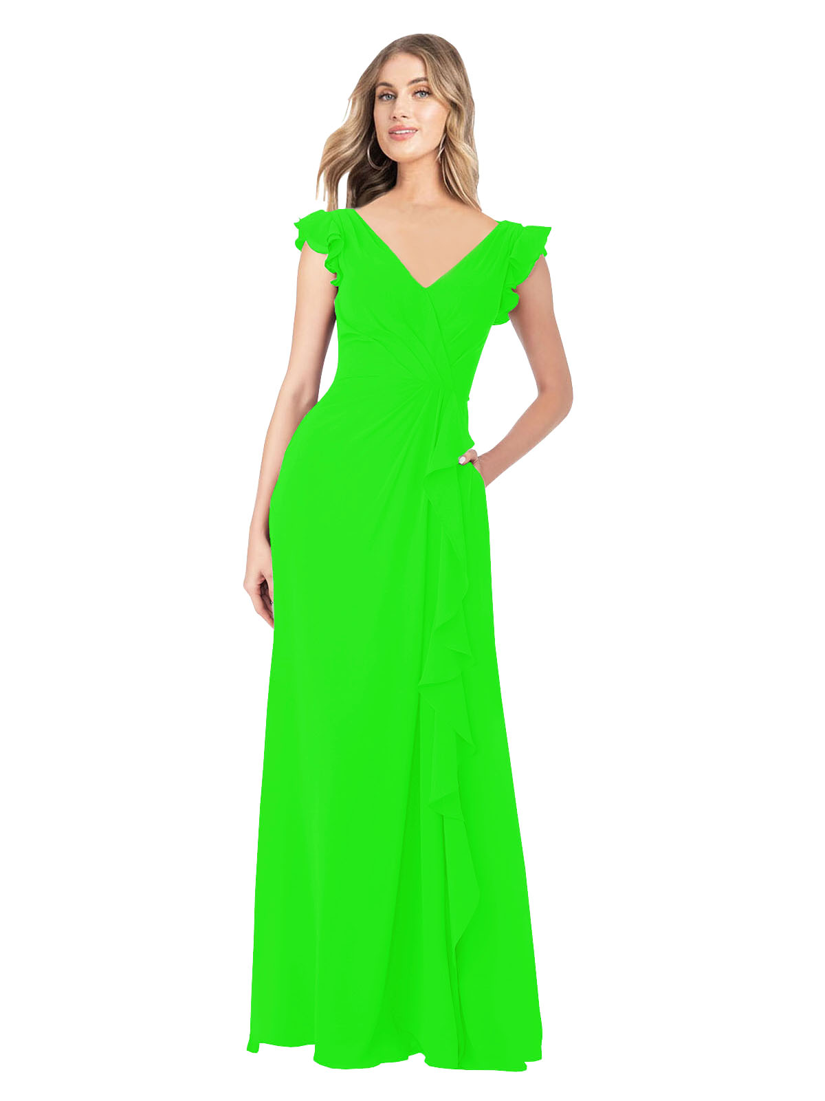 Lime Green A-Line V-Neck Cap Sleeves Long Bridesmaid Dress Taryn