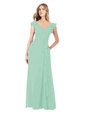 Mint Green A-Line V-Neck Cap Sleeves Long Bridesmaid Dress Taryn