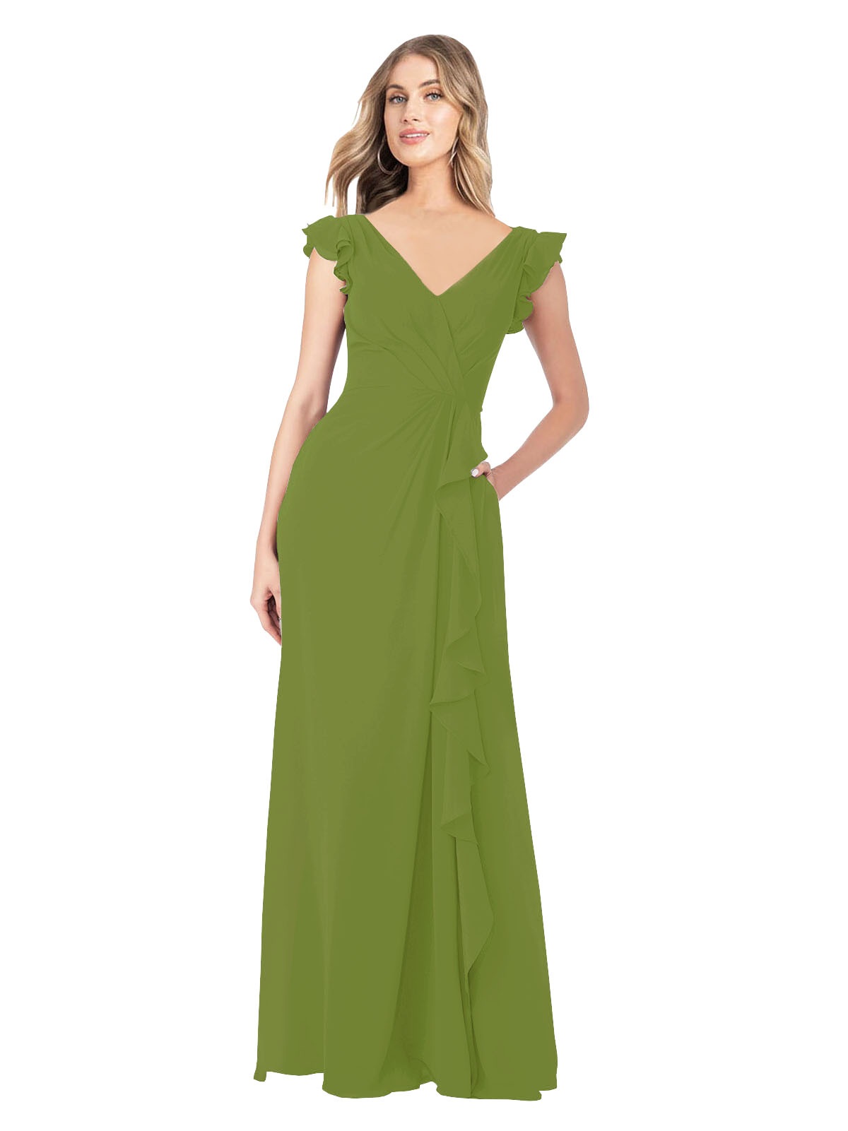 Olive Green A-Line V-Neck Cap Sleeves Long Bridesmaid Dress Taryn