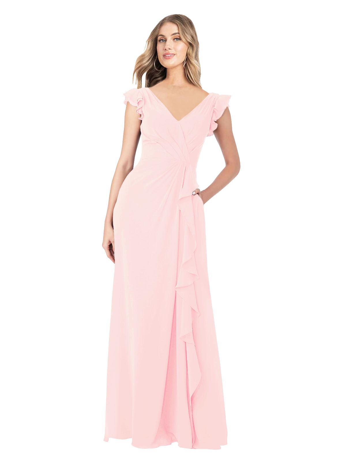 Pink A-Line V-Neck Cap Sleeves Long Bridesmaid Dress Taryn