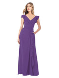 Plum Purple A-Line V-Neck Cap Sleeves Long Bridesmaid Dress Taryn