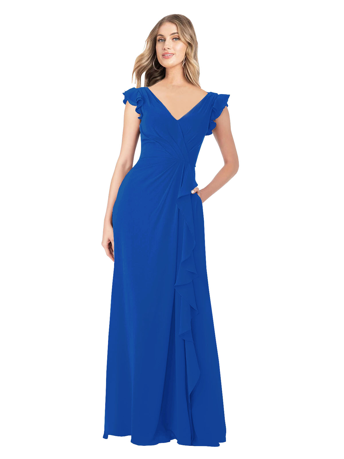 Royal Blue A-Line V-Neck Cap Sleeves Long Bridesmaid Dress Taryn