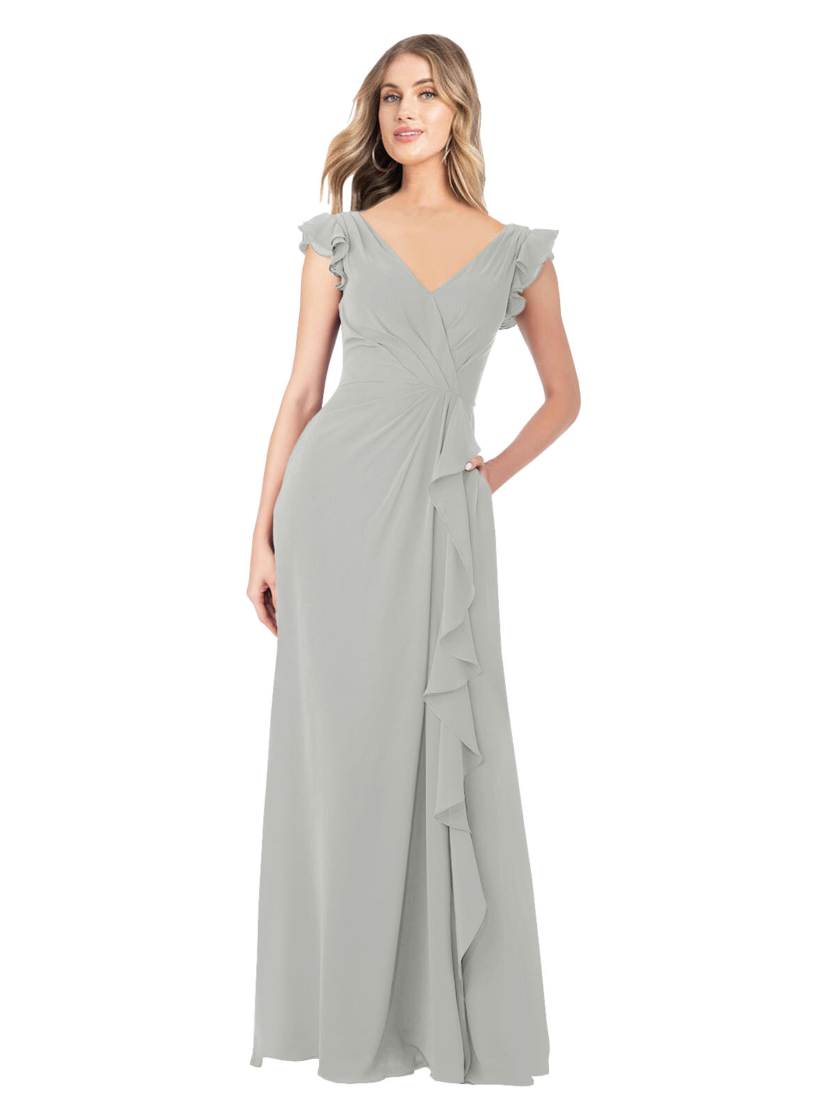 Silver A-Line V-Neck Cap Sleeves Long Bridesmaid Dress Taryn