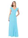 Sky Blue A-Line V-Neck Cap Sleeves Long Bridesmaid Dress Taryn