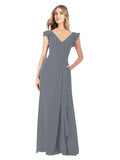 Slate Grey A-Line V-Neck Cap Sleeves Long Bridesmaid Dress Taryn