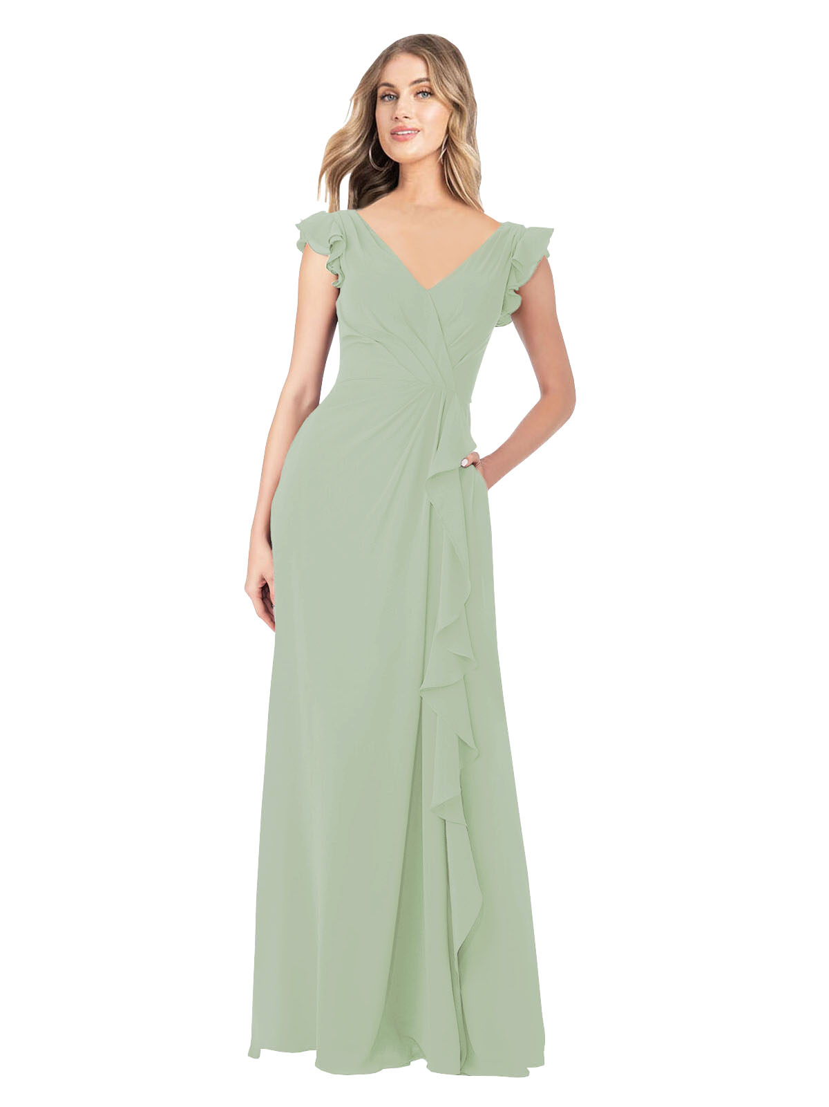 Smoke Green A-Line V-Neck Cap Sleeves Long Bridesmaid Dress Taryn