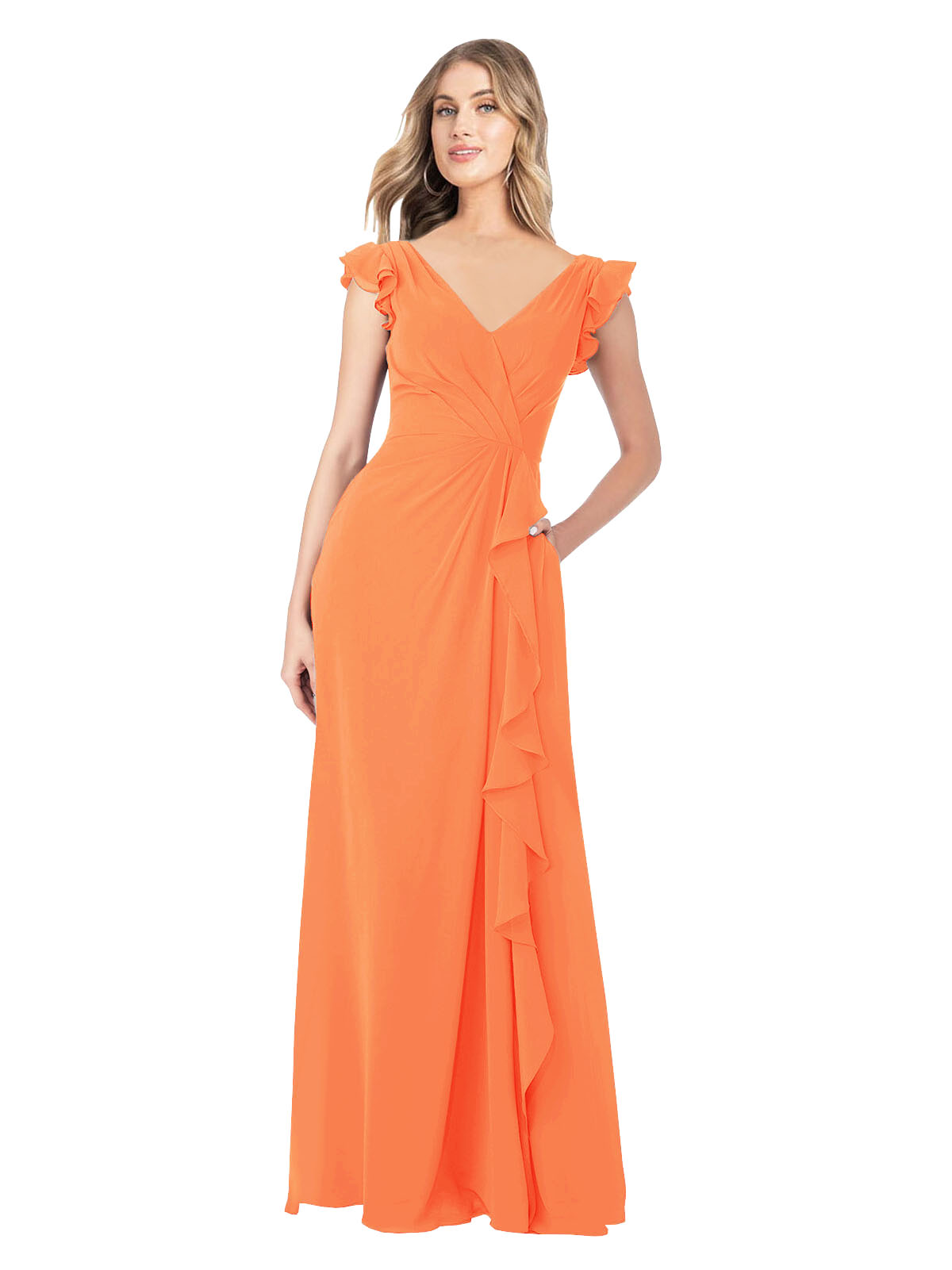 Tangerine Tango A-Line V-Neck Cap Sleeves Long Bridesmaid Dress Taryn
