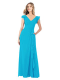 Turquoise A-Line V-Neck Cap Sleeves Long Bridesmaid Dress Taryn