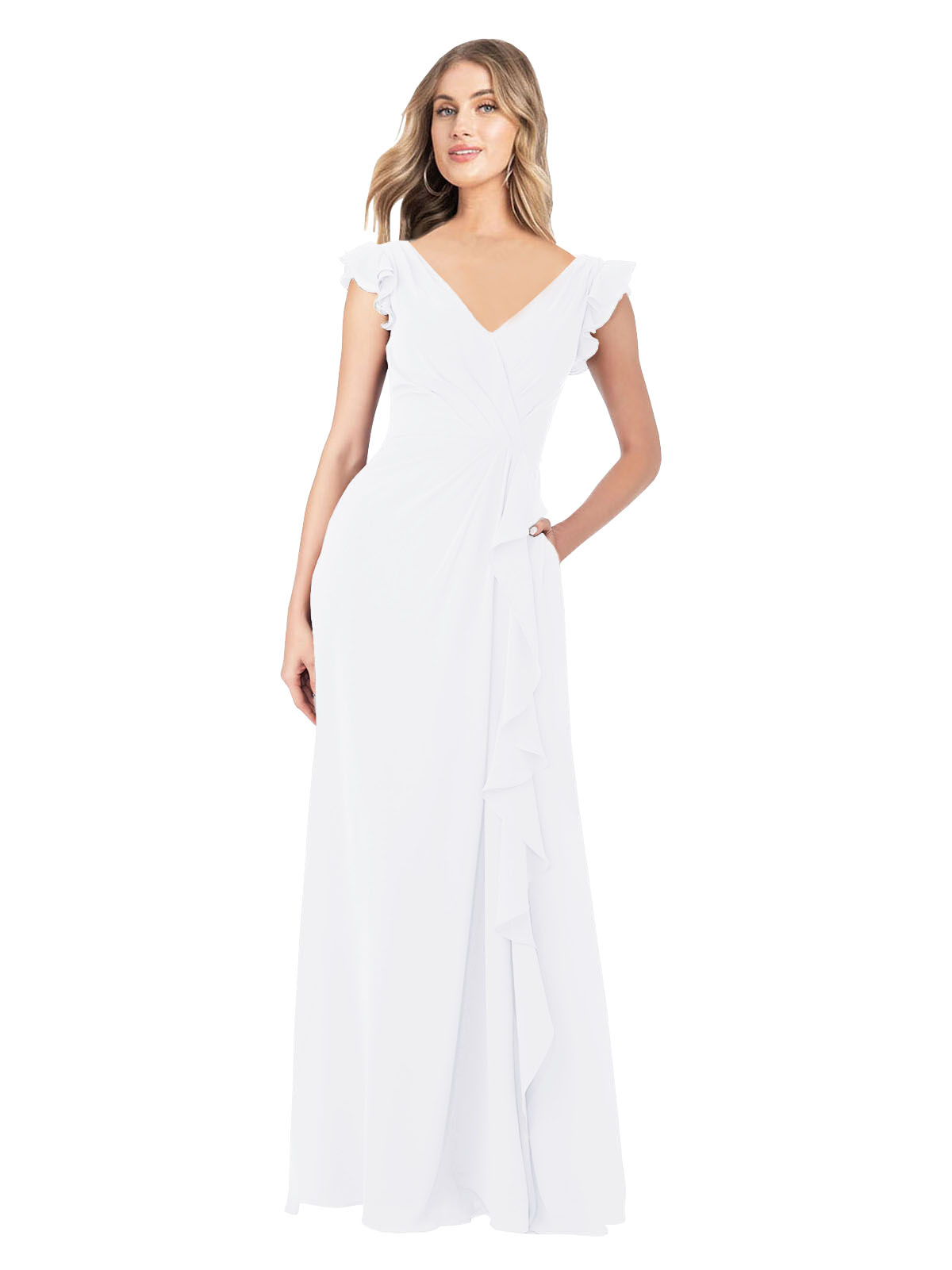 White A-Line V-Neck Cap Sleeves Long Bridesmaid Dress Taryn