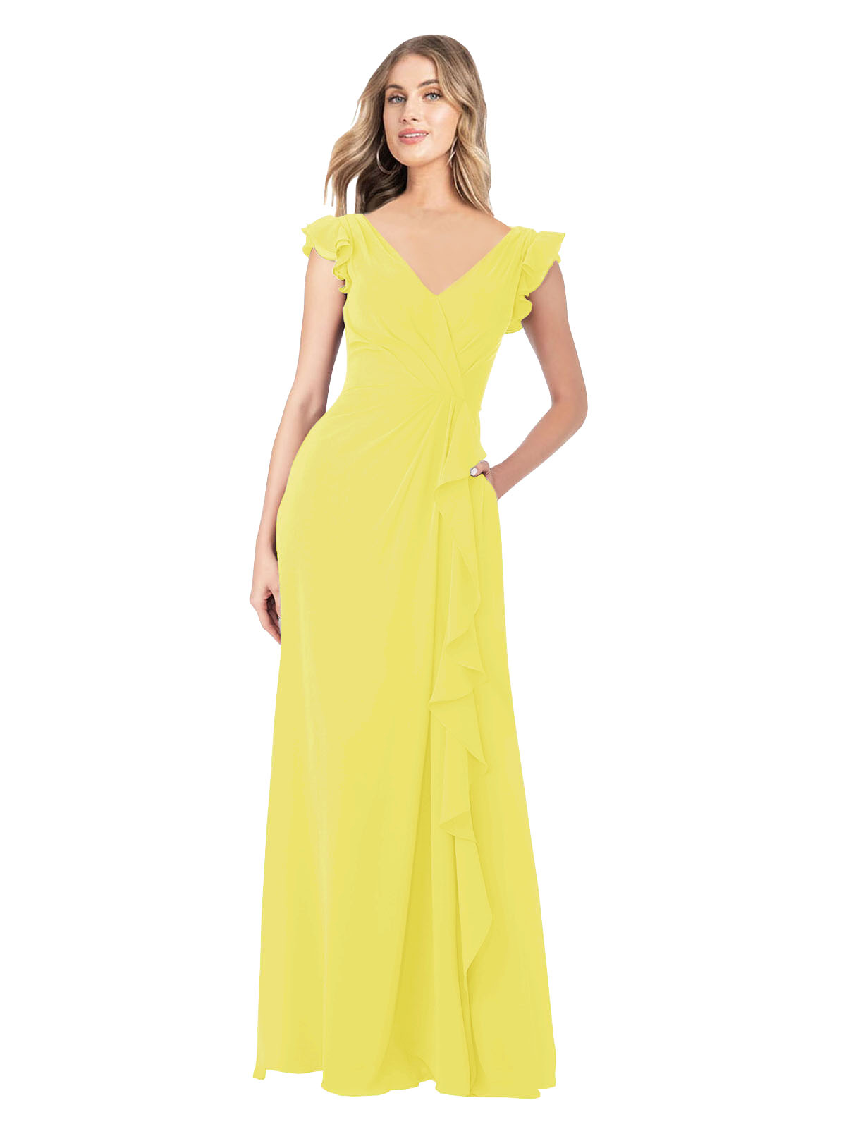 Yellow A-Line V-Neck Cap Sleeves Long Bridesmaid Dress Taryn