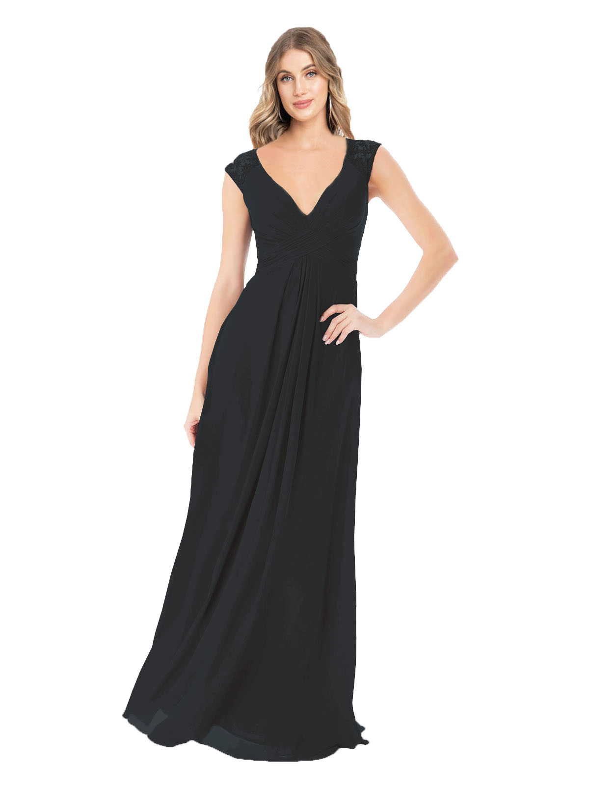 Black A-Line V-Neck Cap Sleeves Long Bridesmaid Dress Layne