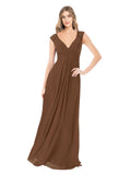 Brown A-Line V-Neck Cap Sleeves Long Bridesmaid Dress Layne