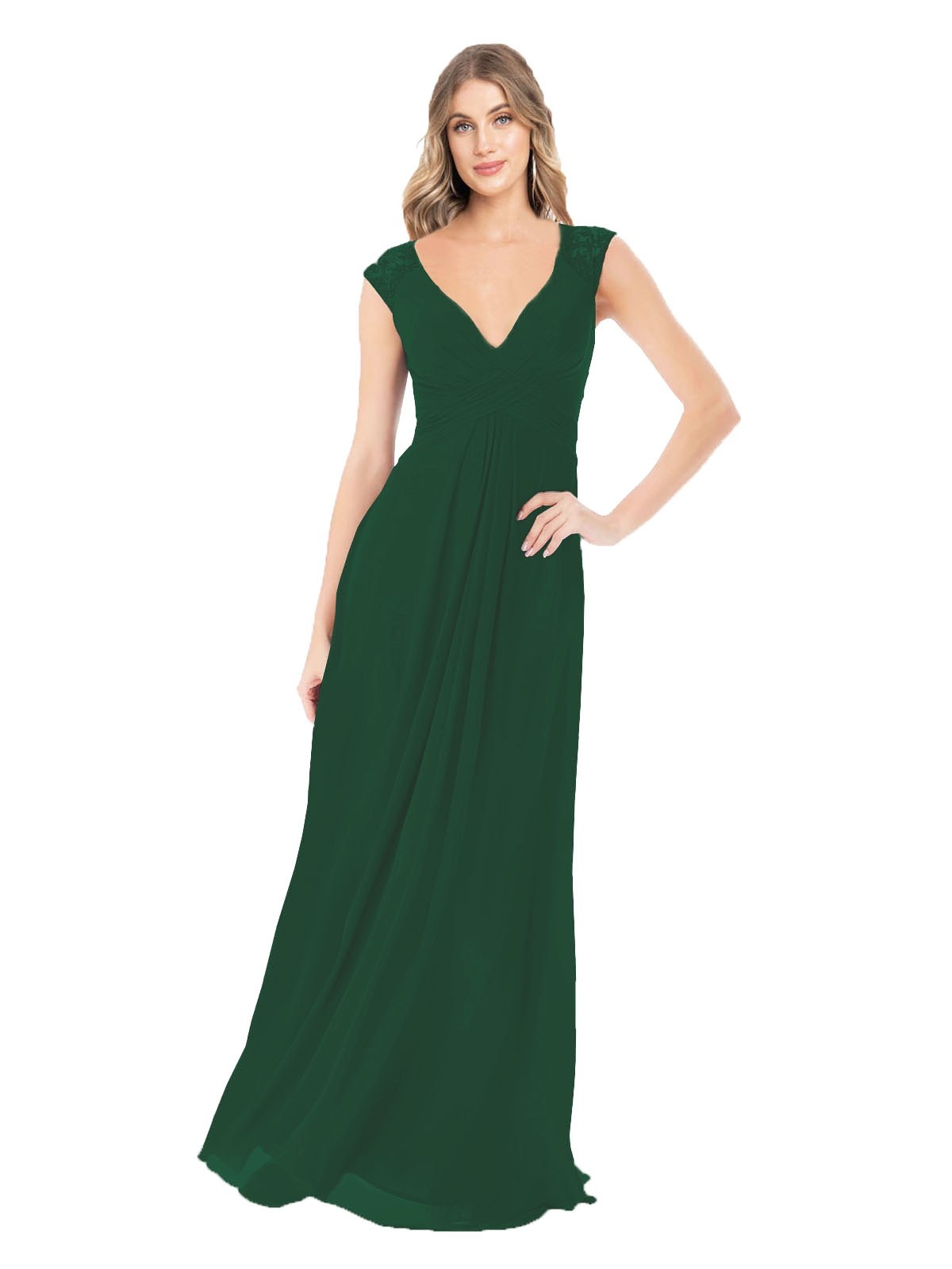 Dark Green A-Line V-Neck Cap Sleeves Long Bridesmaid Dress Layne