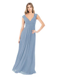 Dusty Blue A-Line V-Neck Cap Sleeves Long Bridesmaid Dress Layne