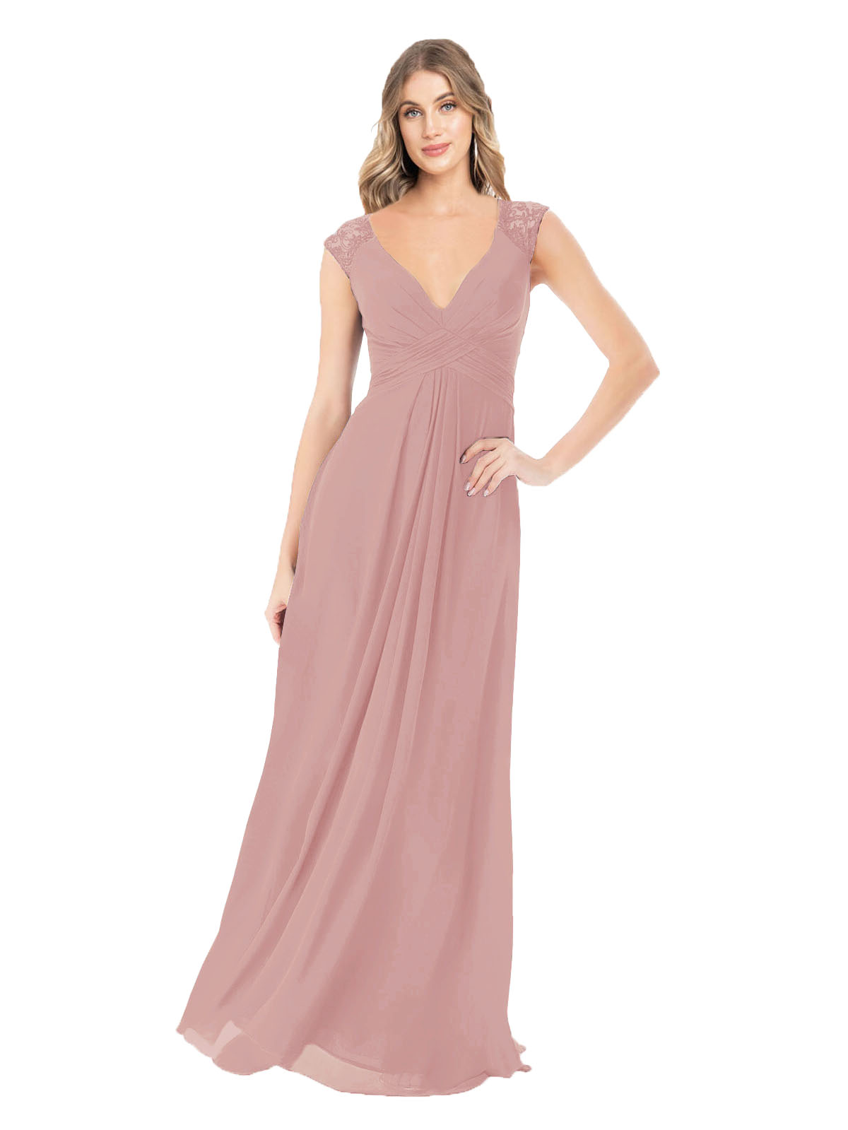 Dusty Pink A-Line V-Neck Cap Sleeves Long Bridesmaid Dress Layne