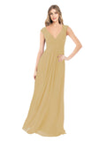 Gold A-Line V-Neck Cap Sleeves Long Bridesmaid Dress Layne