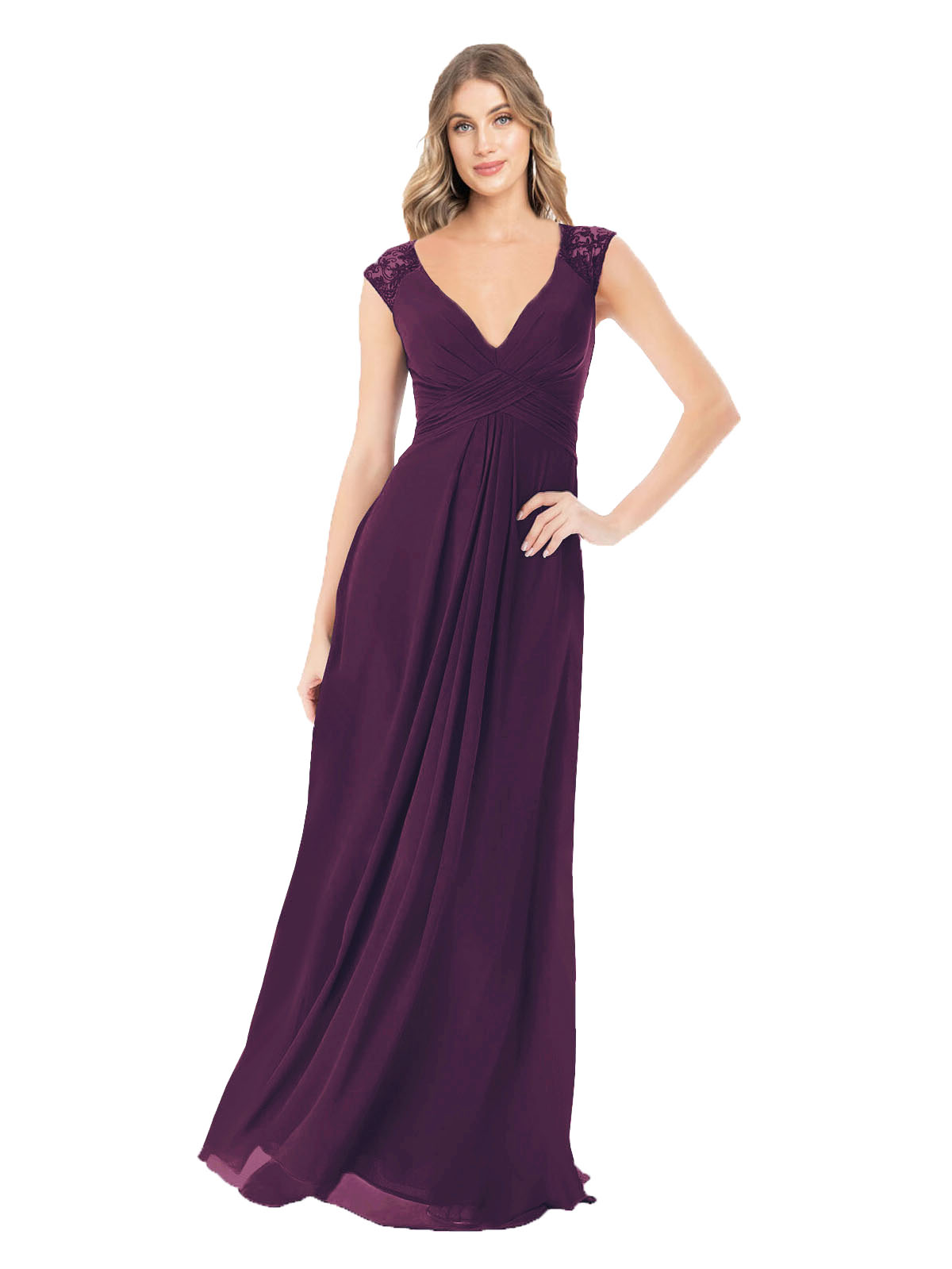 Grape A-Line V-Neck Cap Sleeves Long Bridesmaid Dress Layne