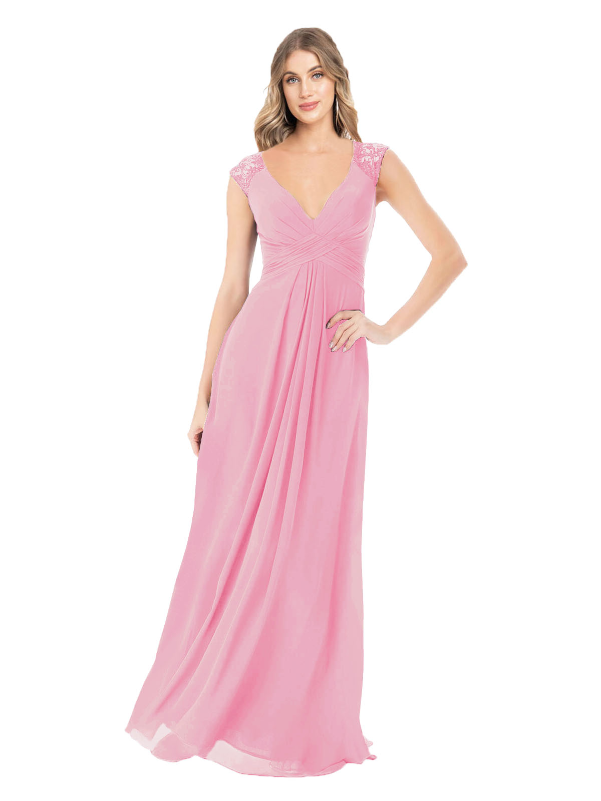 Hot Pink A-Line V-Neck Cap Sleeves Long Bridesmaid Dress Layne