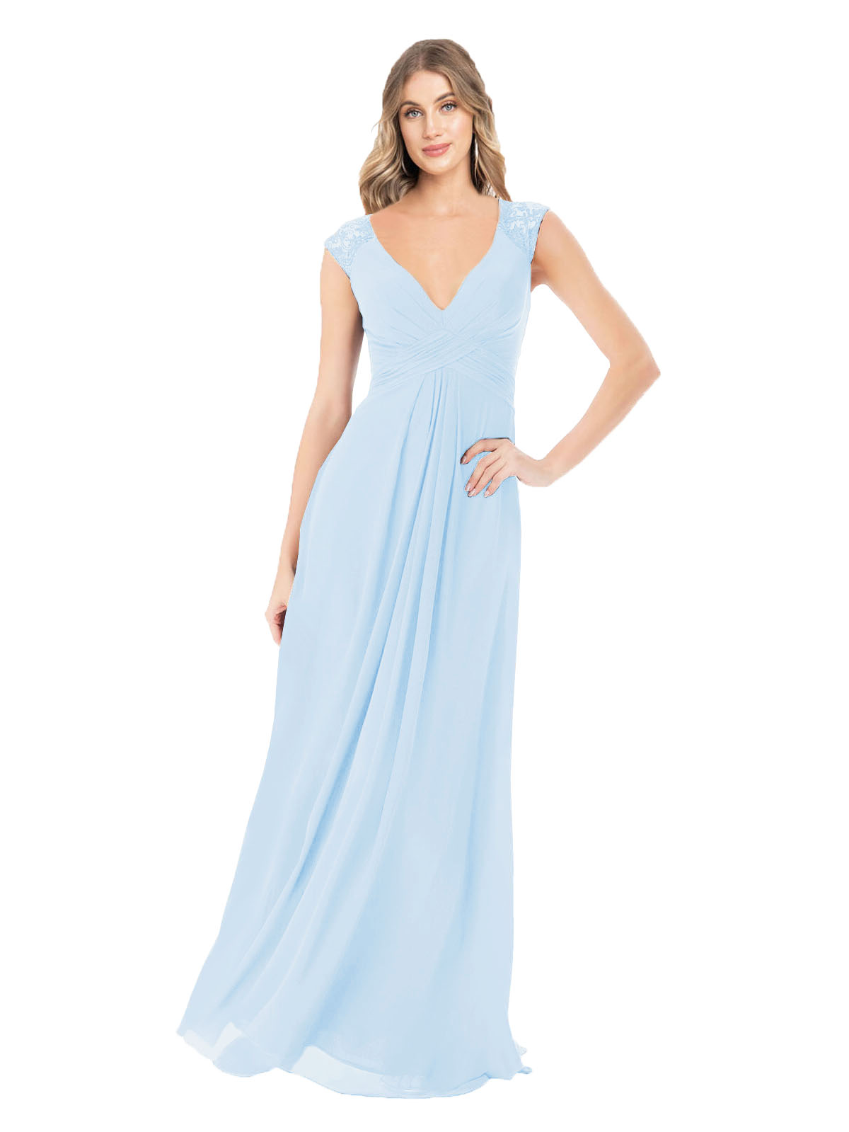 Light Sky Blue A-Line V-Neck Cap Sleeves Long Bridesmaid Dress Layne