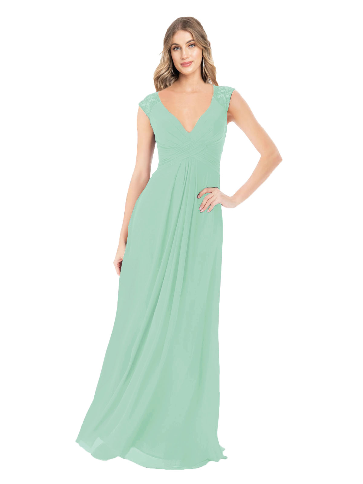 Mint Green A-Line V-Neck Cap Sleeves Long Bridesmaid Dress Layne