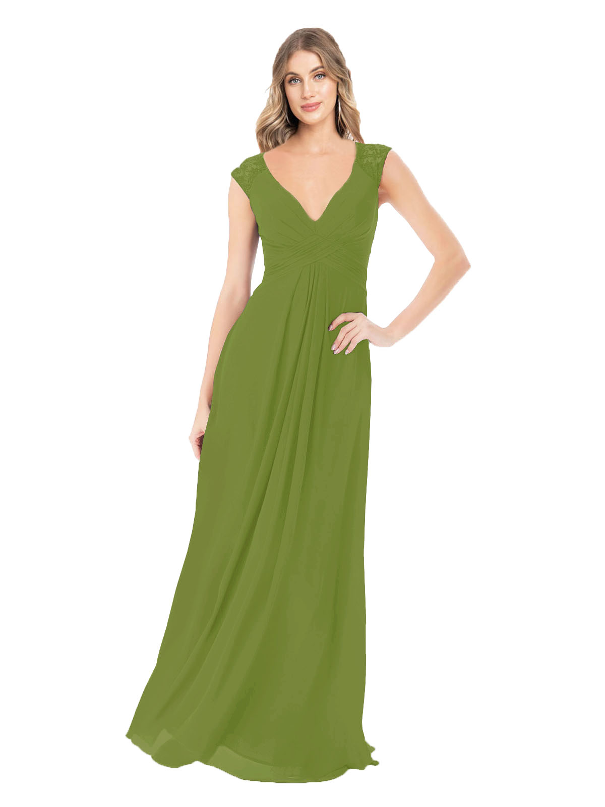 Olive Green A-Line V-Neck Cap Sleeves Long Bridesmaid Dress Layne