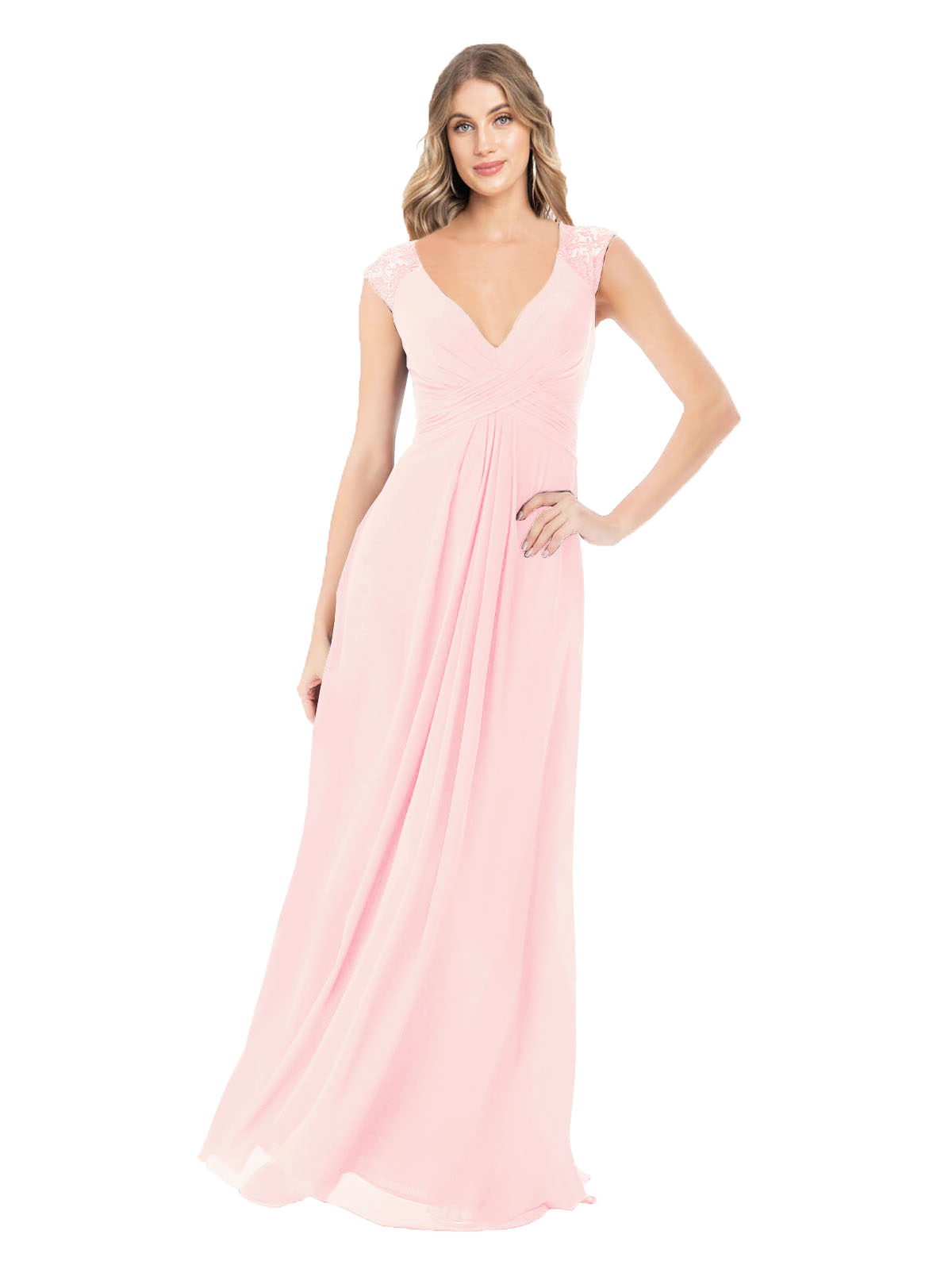 Pink A-Line V-Neck Cap Sleeves Long Bridesmaid Dress Layne