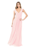Pink A-Line V-Neck Cap Sleeves Long Bridesmaid Dress Layne