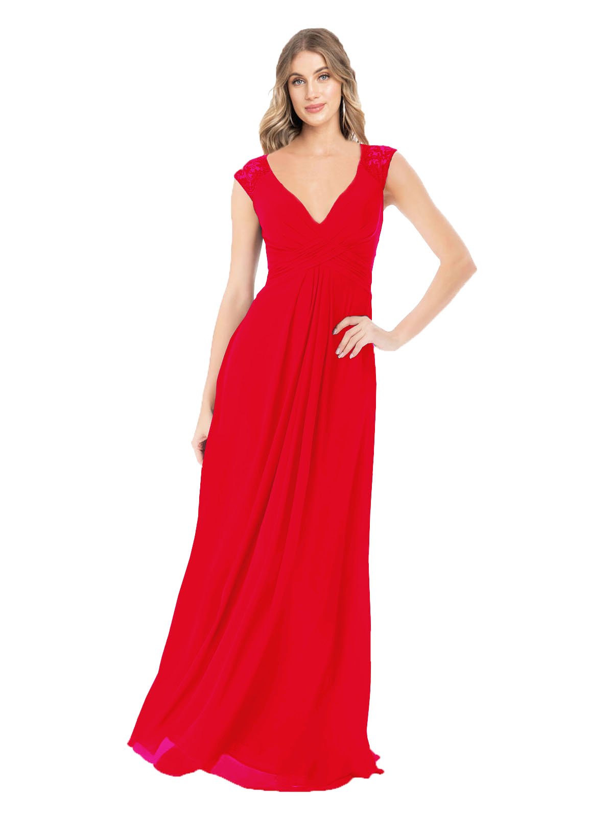 Red A-Line V-Neck Cap Sleeves Long Bridesmaid Dress Layne