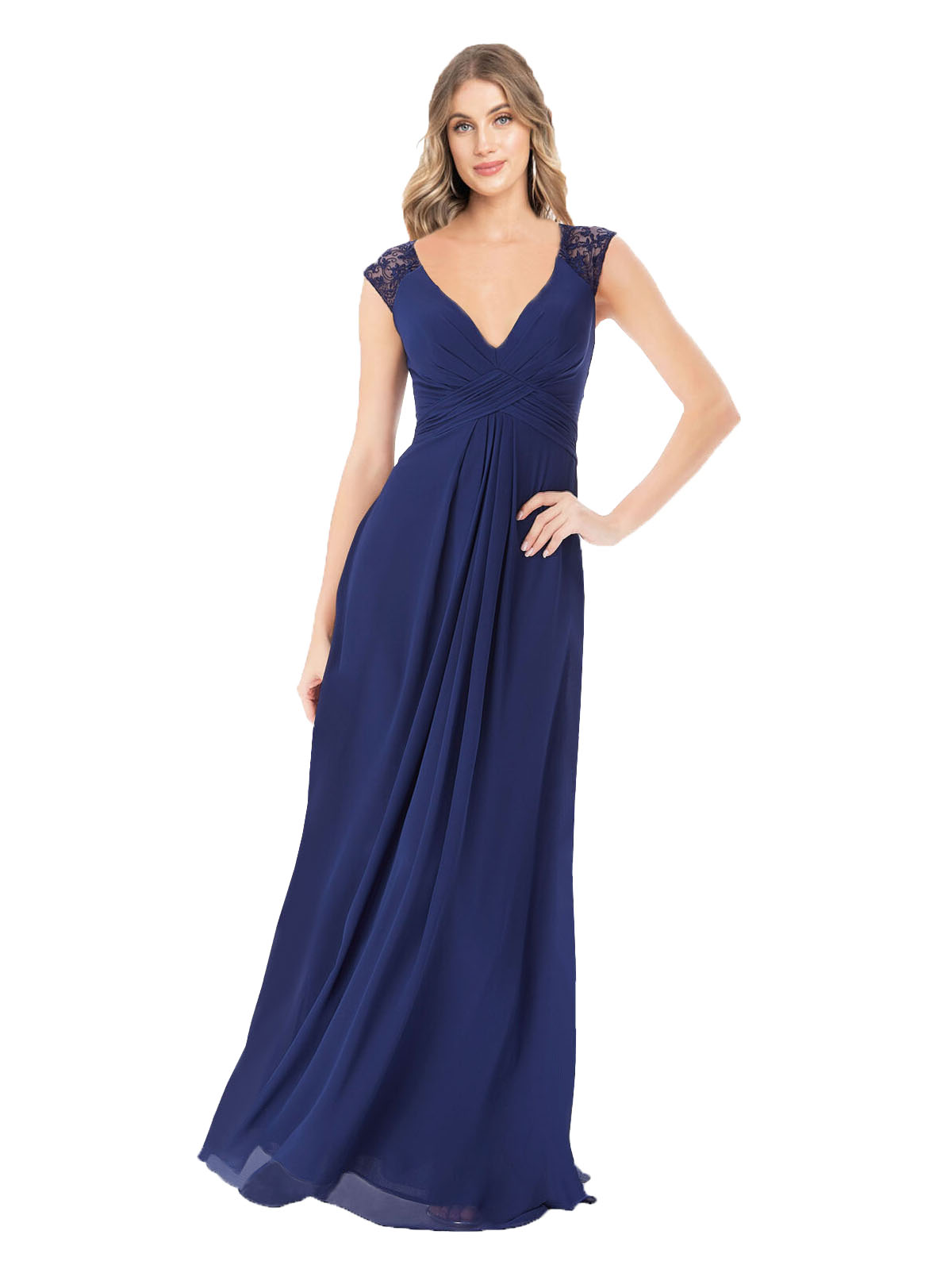Sapphire A-Line V-Neck Cap Sleeves Long Bridesmaid Dress Layne