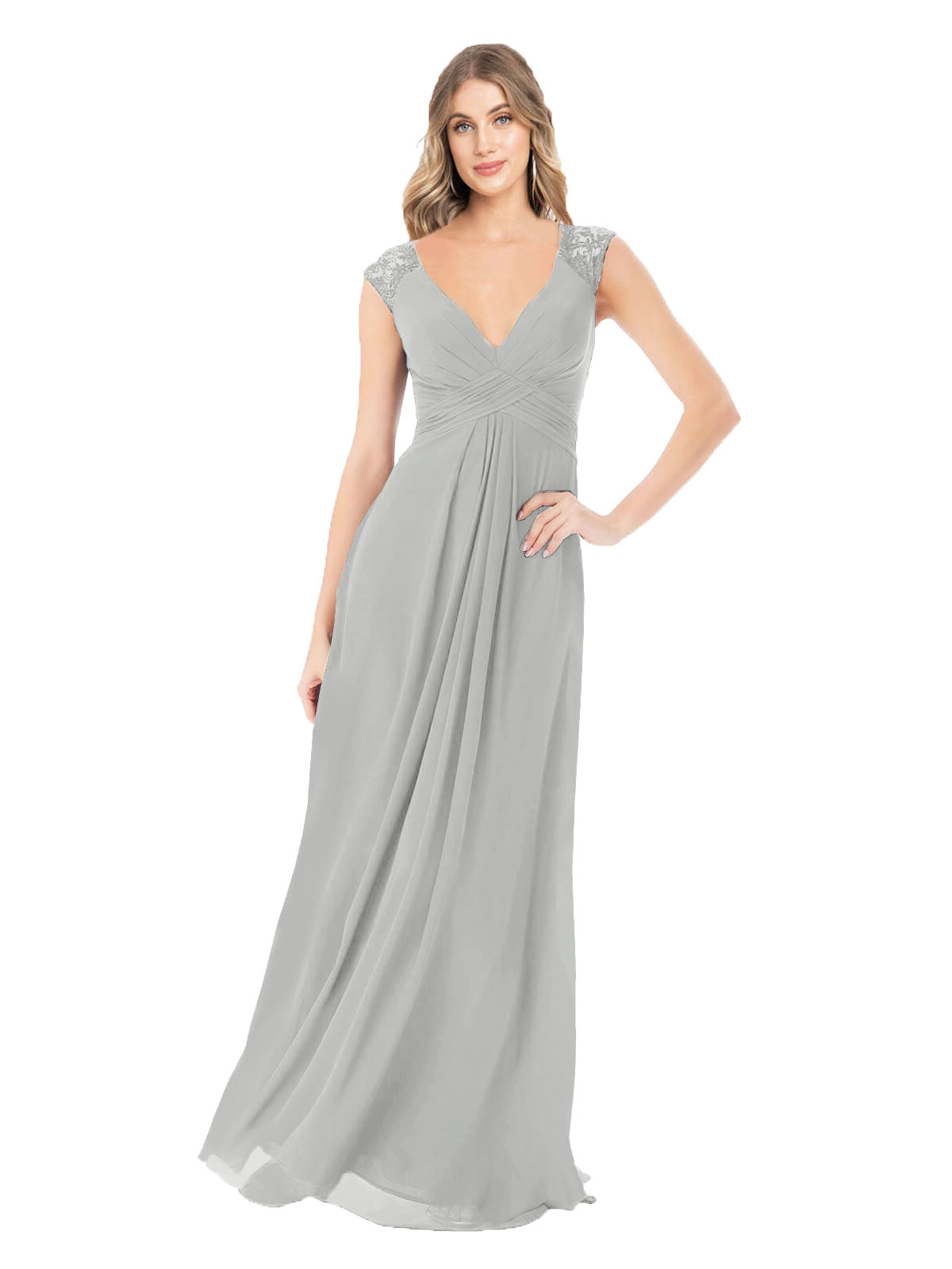 Silver A-Line V-Neck Cap Sleeves Long Bridesmaid Dress Layne