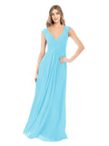 Sky Blue A-Line V-Neck Cap Sleeves Long Bridesmaid Dress Layne